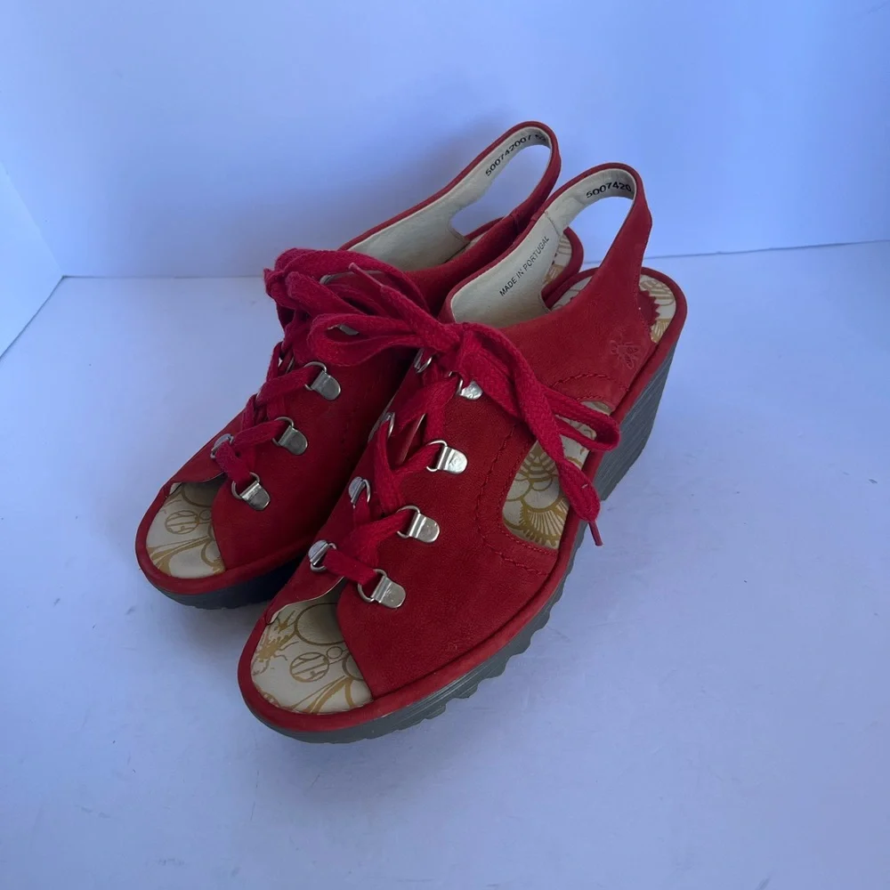 Fly London Red Suede Lace-Up Wedge Sandals